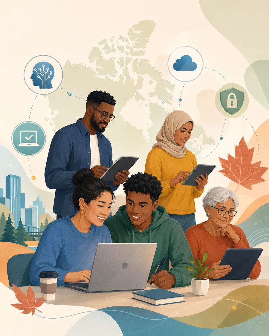 A diverse group of individuals using digital devices with Canadian digital readiness symbols